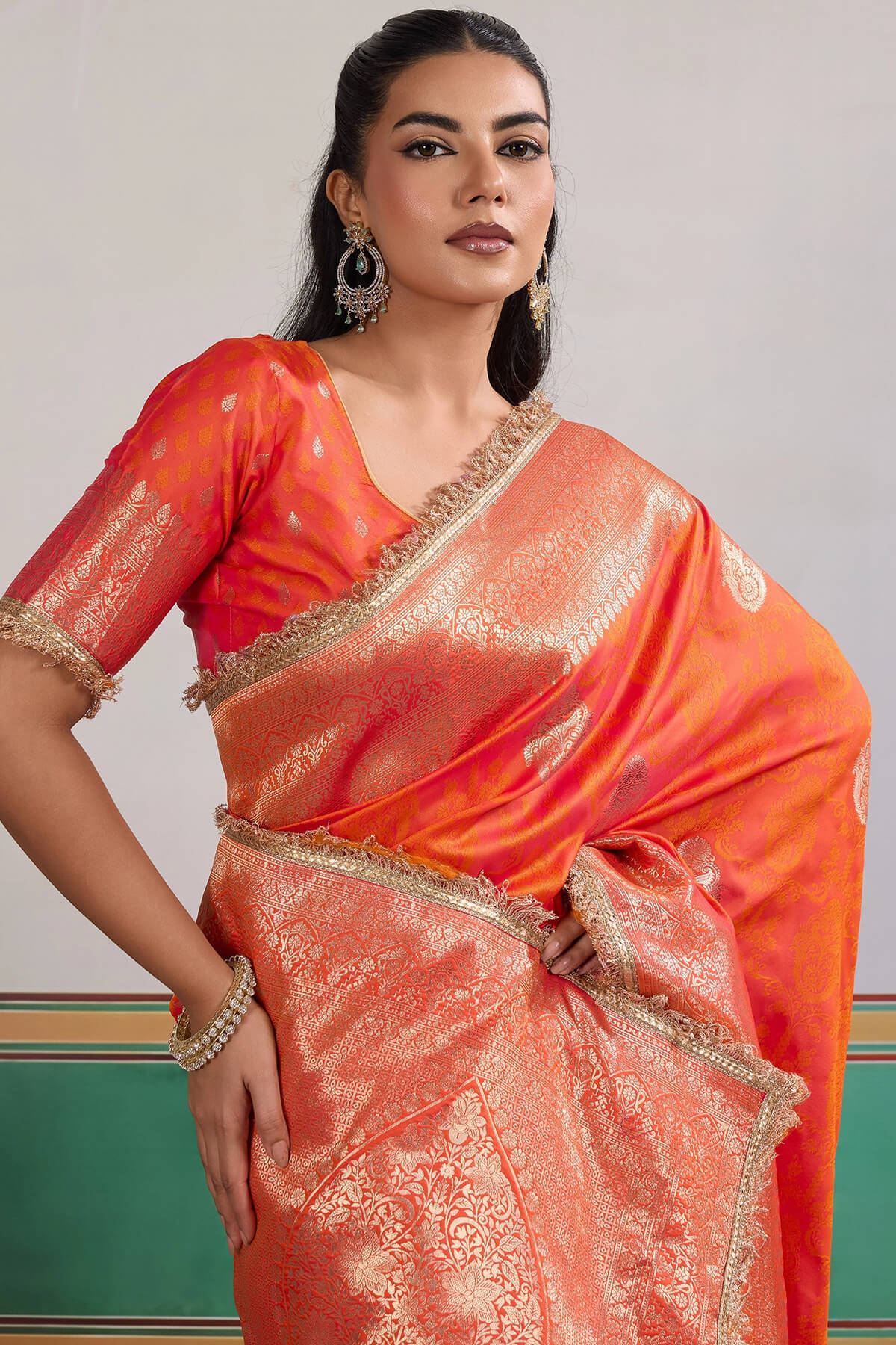 Proficient Orange Pure Zari Weaving Banarasi Silk Saree With Fancy Lace Border