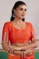 Proficient Orange Pure Zari Weaving Banarasi Silk Saree With Fancy Lace Border