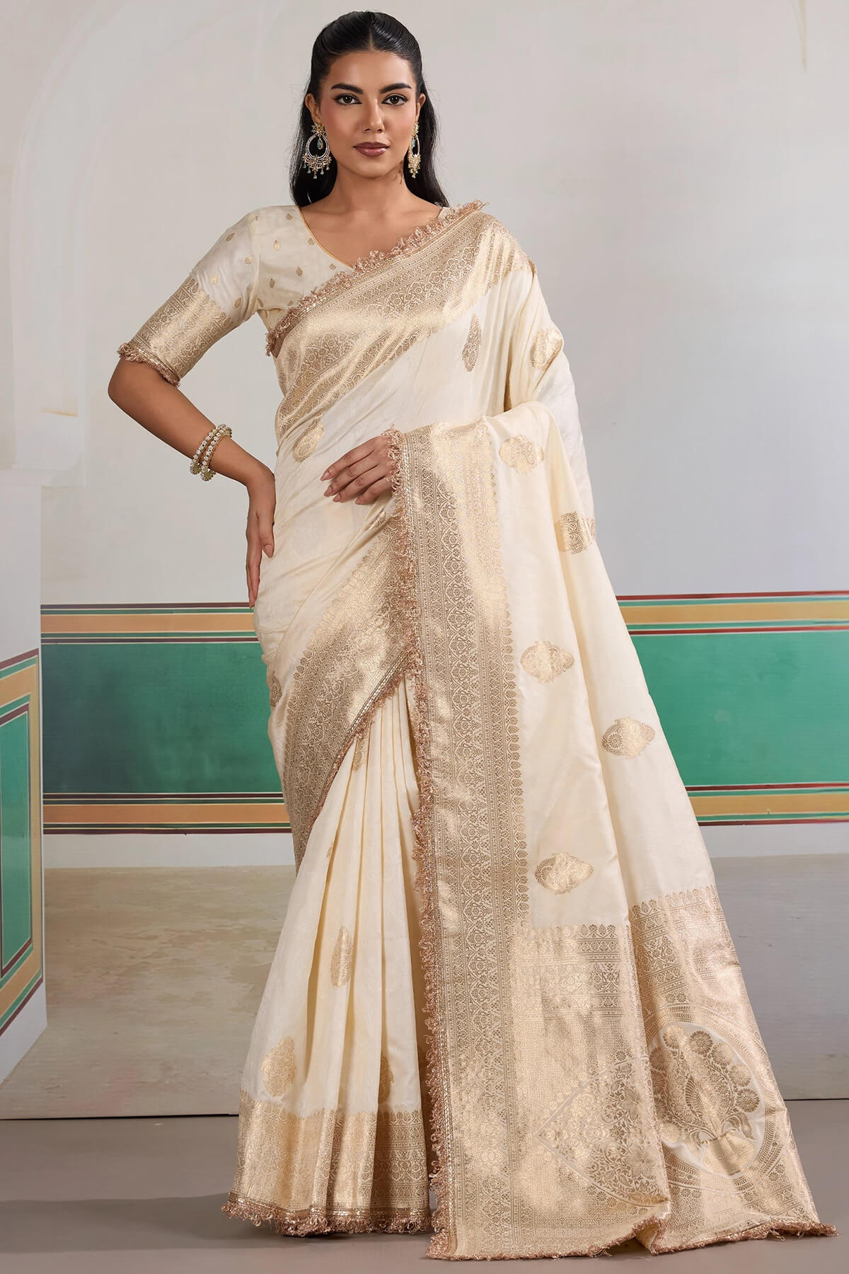 Improbable Beige Pure Zari Weaving Banarasi Silk Saree With Fancy Lace Border