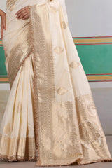 Improbable Beige Pure Zari Weaving Banarasi Silk Saree With Fancy Lace Border