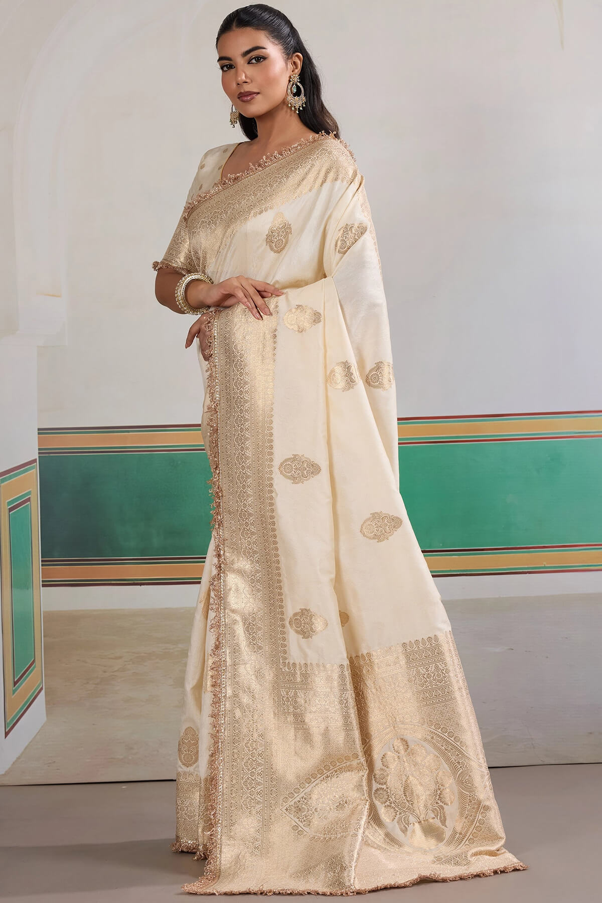 Improbable Beige Pure Zari Weaving Banarasi Silk Saree With Fancy Lace Border