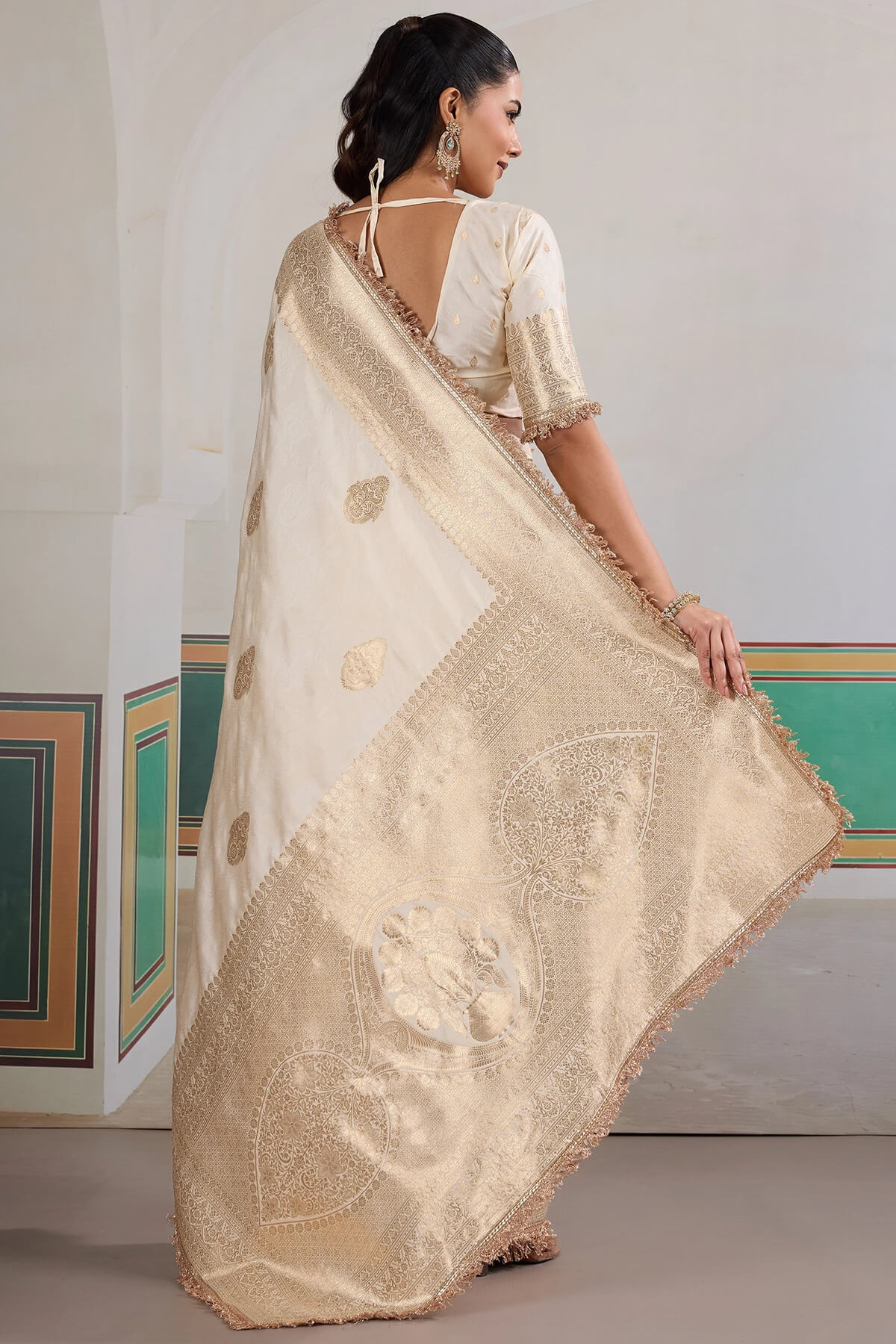 Improbable Beige Pure Zari Weaving Banarasi Silk Saree With Fancy Lace Border
