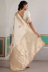 Improbable Beige Pure Zari Weaving Banarasi Silk Saree With Fancy Lace Border