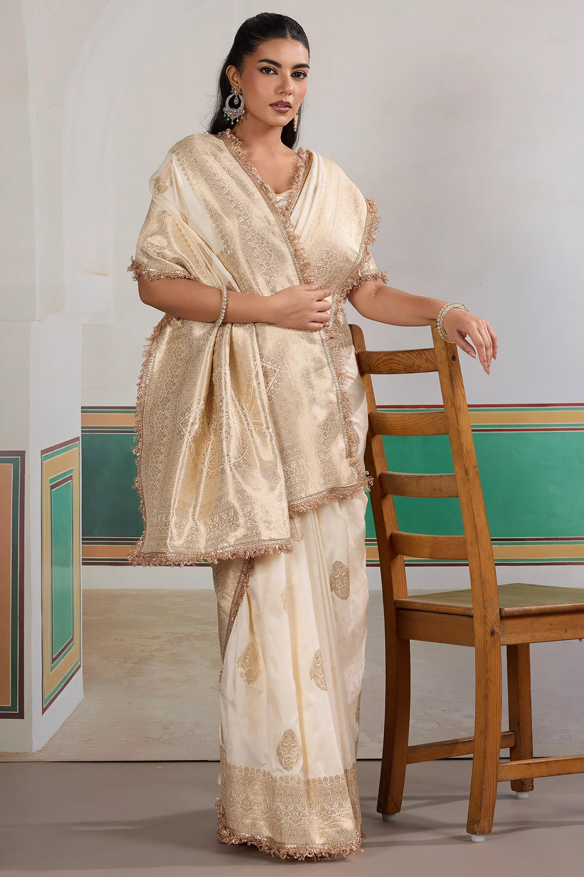 Improbable Beige Pure Zari Weaving Banarasi Silk Saree With Fancy Lace Border