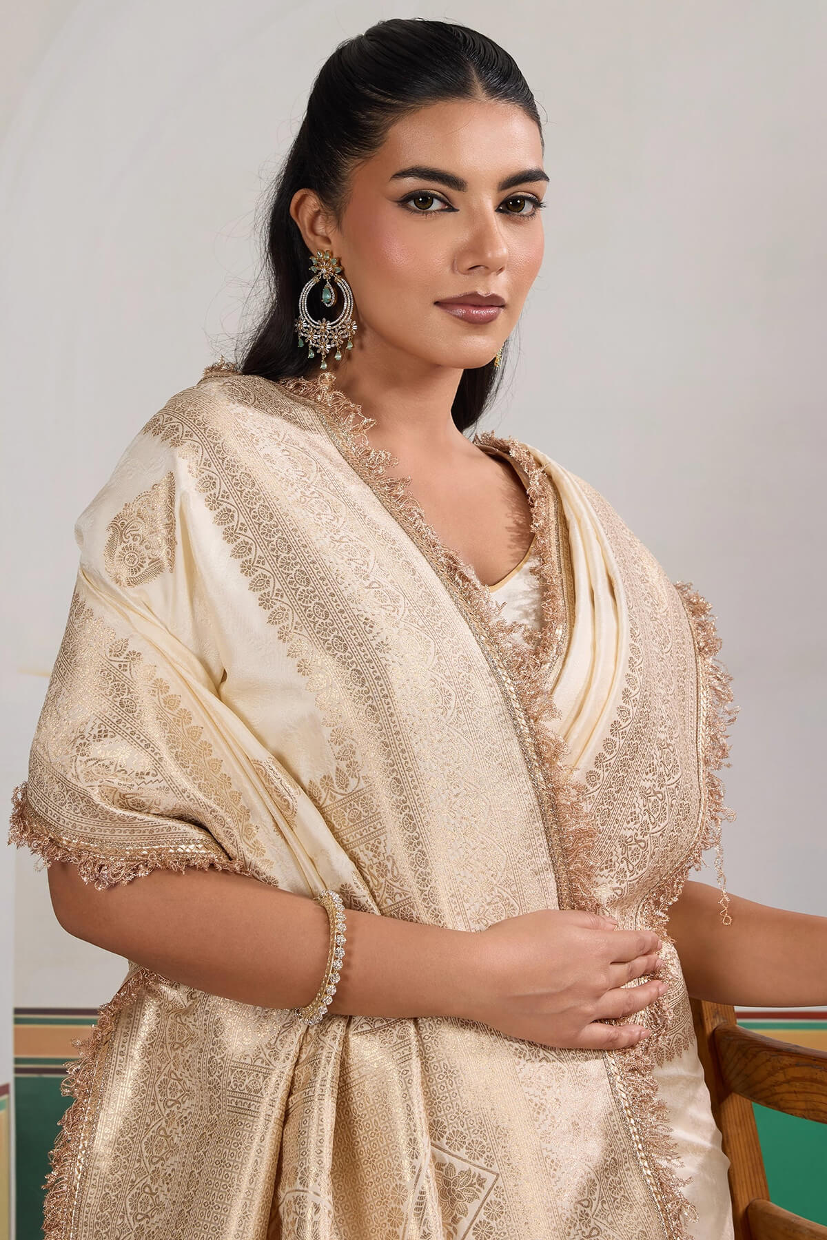 Improbable Beige Pure Zari Weaving Banarasi Silk Saree With Fancy Lace Border