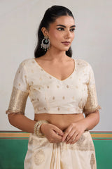 Improbable Beige Pure Zari Weaving Banarasi Silk Saree With Fancy Lace Border