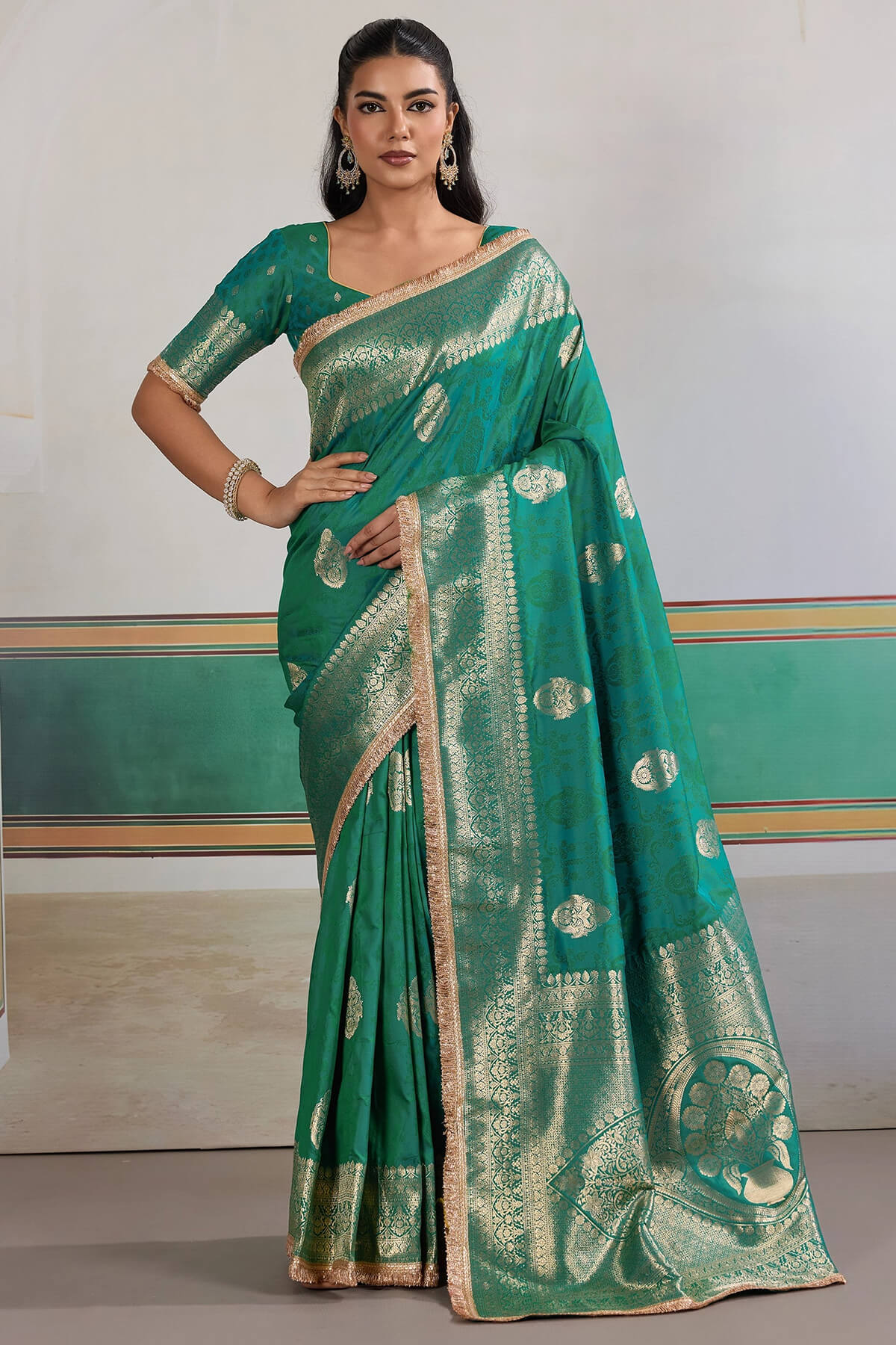 Scintilla Sea Green Pure Zari Weaving Banarasi Silk Saree With Fancy Lace Border