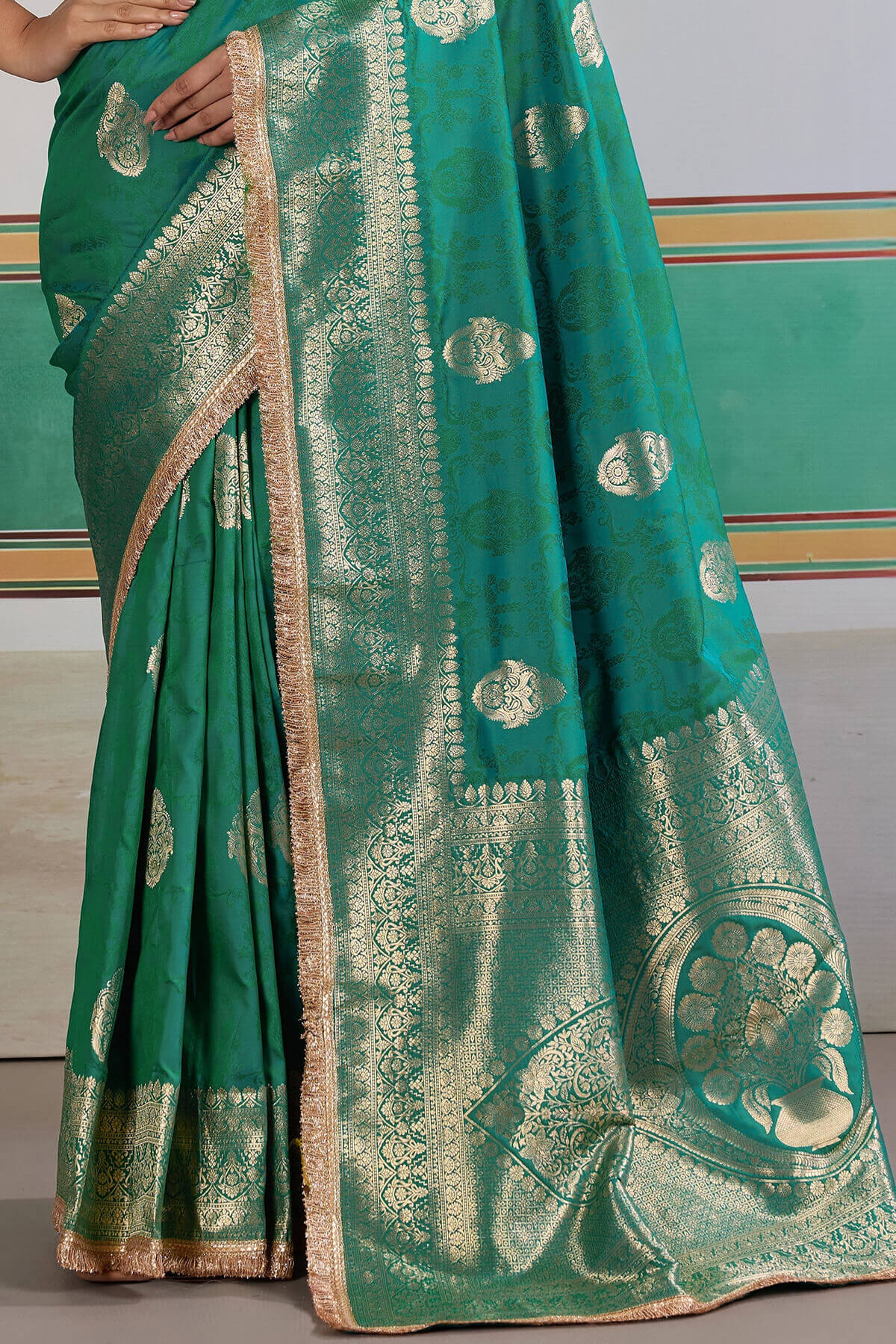 Scintilla Sea Green Pure Zari Weaving Banarasi Silk Saree With Fancy Lace Border