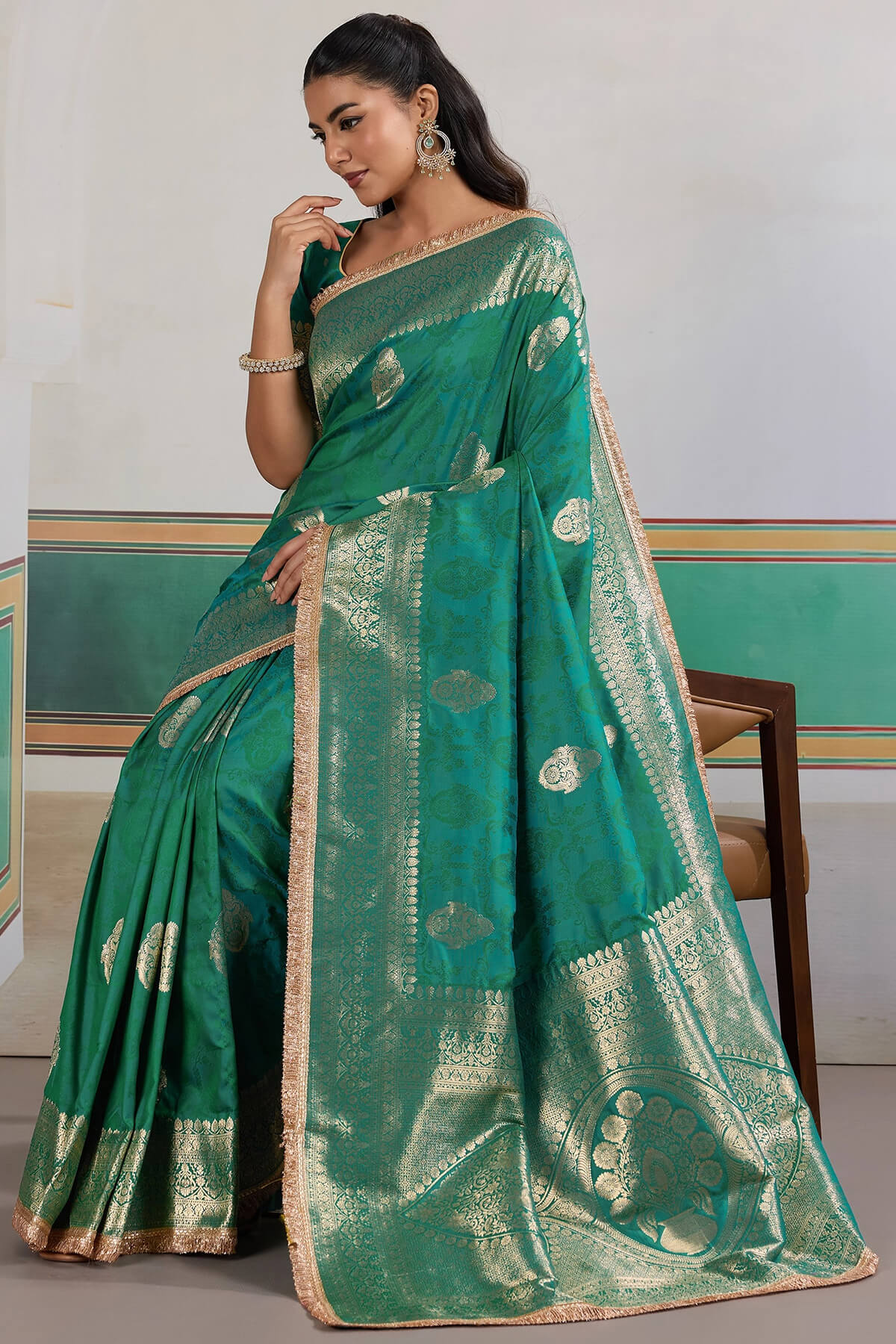 Scintilla Sea Green Pure Zari Weaving Banarasi Silk Saree With Fancy Lace Border