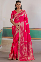 Engaging Dark Pink Pure Zari Weaving Banarasi Silk Saree With Fancy Lace Border