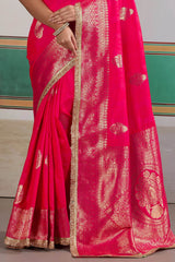 Engaging Dark Pink Pure Zari Weaving Banarasi Silk Saree With Fancy Lace Border