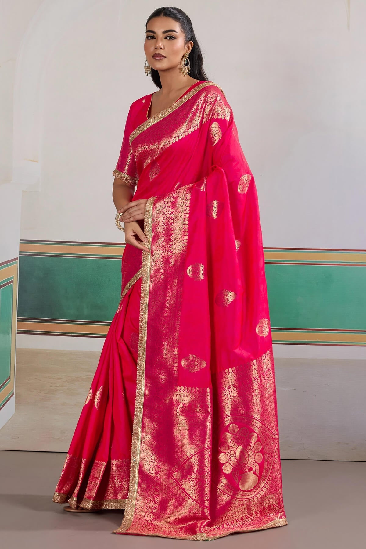 Engaging Dark Pink Pure Zari Weaving Banarasi Silk Saree With Fancy Lace Border