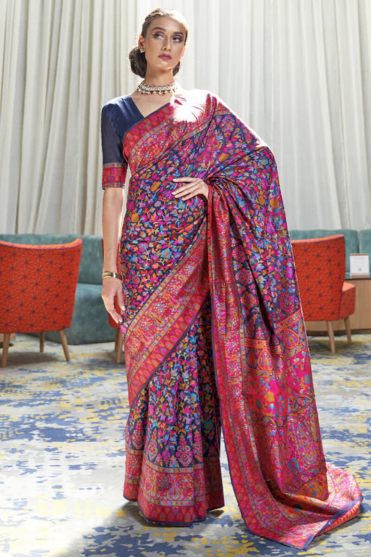 Opulent Navy Blue Pashmina saree With Entrancing Blouse Piece