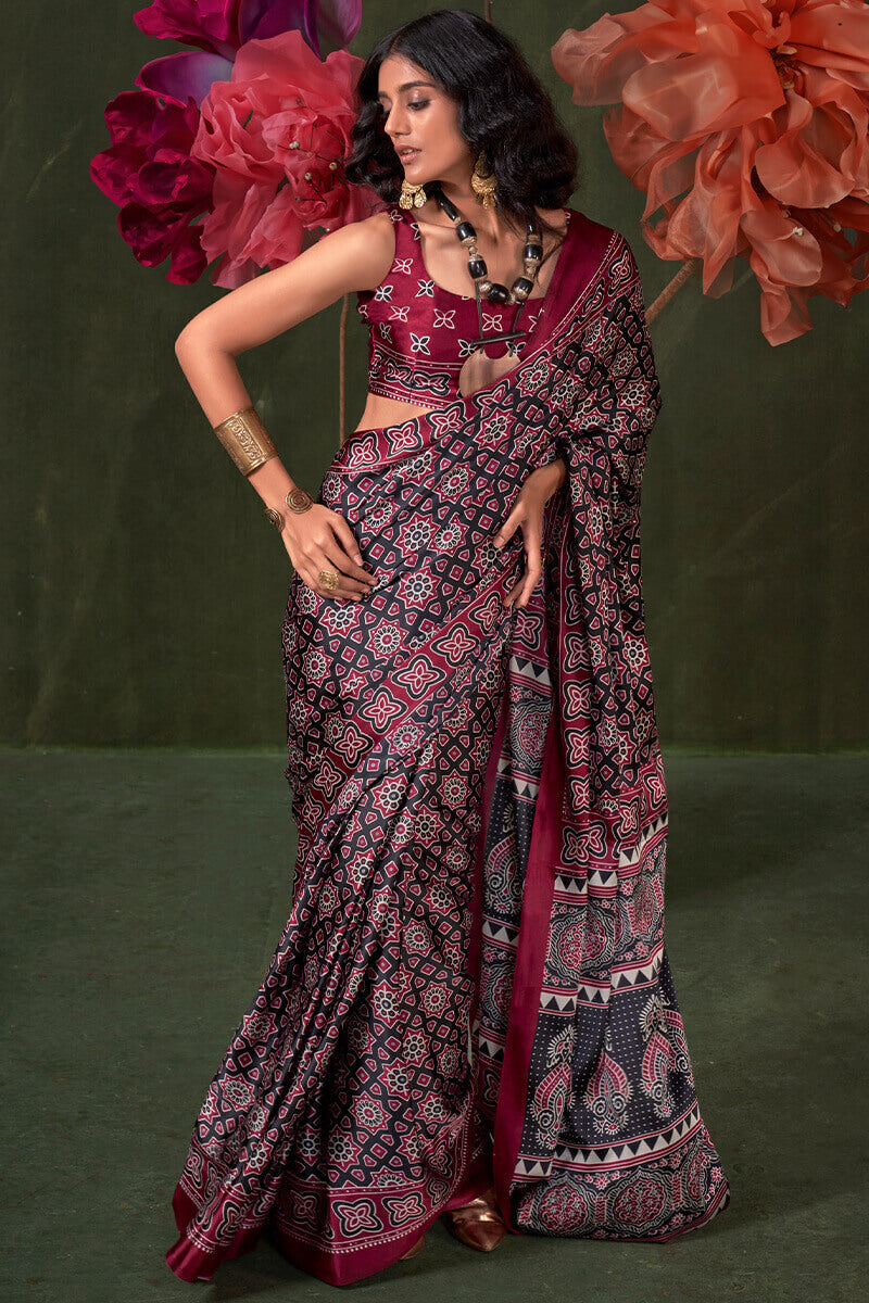 Embellished Wine Ajrakh Printed Satin Silk Saree With Majestic Blouse Piece