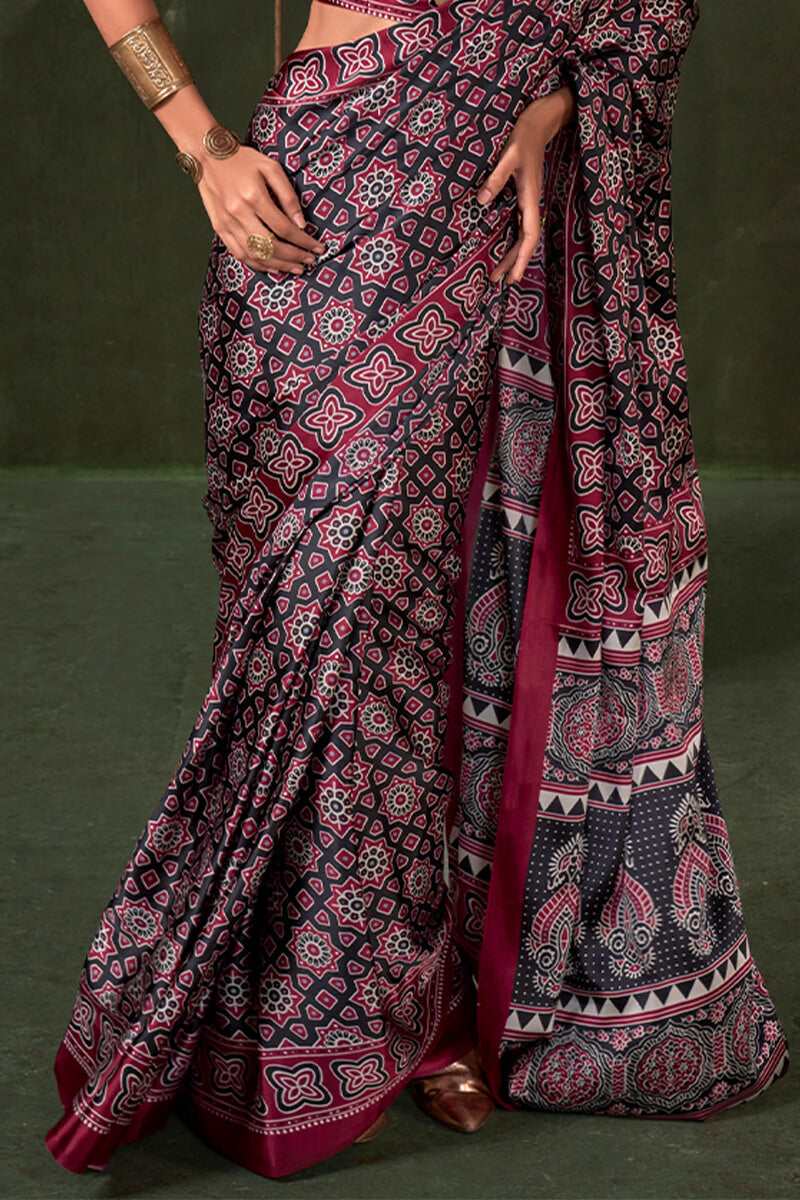 Embellished Wine Ajrakh Printed Satin Silk Saree With Majestic Blouse Piece