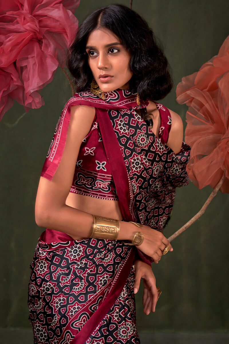 Embellished Wine Ajrakh Printed Satin Silk Saree With Majestic Blouse Piece