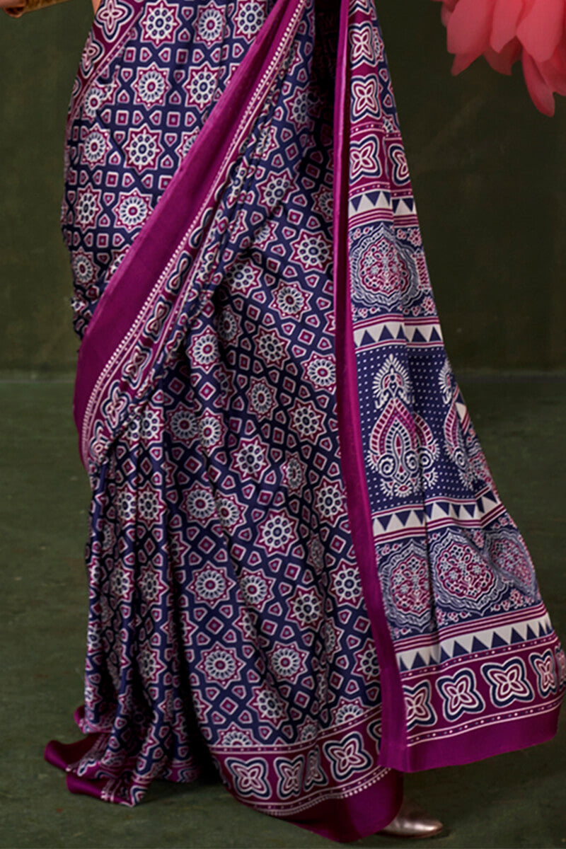 Admirable Blue Ajrakh Printed Satin Silk Saree With Jubilant Blouse Piece
