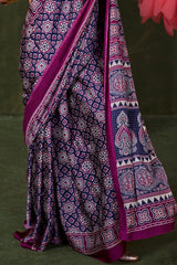 Admirable Blue Ajrakh Printed Satin Silk Saree With Jubilant Blouse Piece