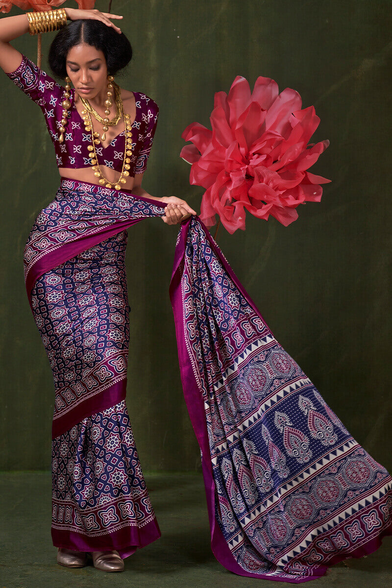 Admirable Blue Ajrakh Printed Satin Silk Saree With Jubilant Blouse Piece