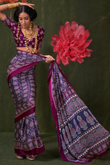 Admirable Blue Ajrakh Printed Satin Silk Saree With Jubilant Blouse Piece