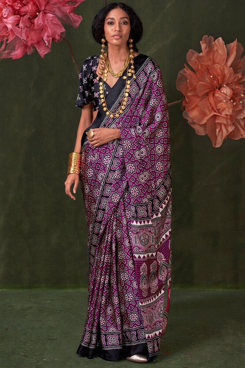Flamboyant Purple Ajrakh Printed Satin Silk Saree With Sumptuous Blouse Piece