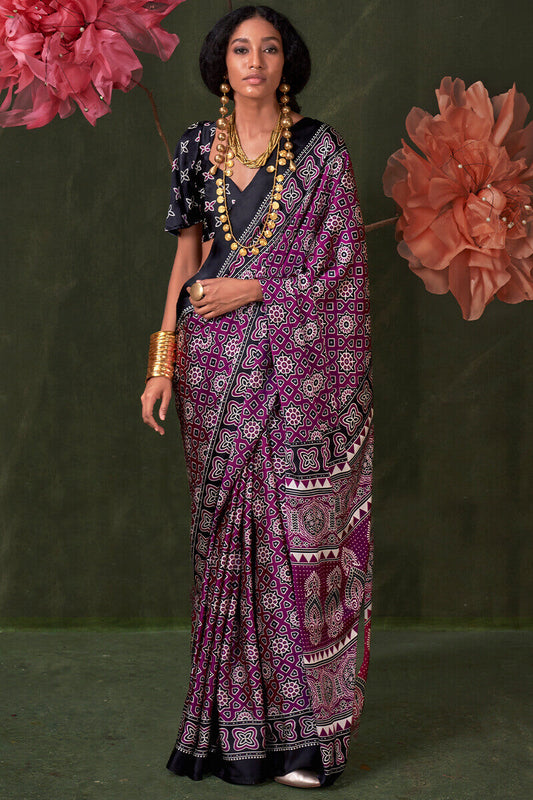 Flamboyant Purple Ajrakh Printed Satin Silk Saree With Sumptuous Blouse Piece
