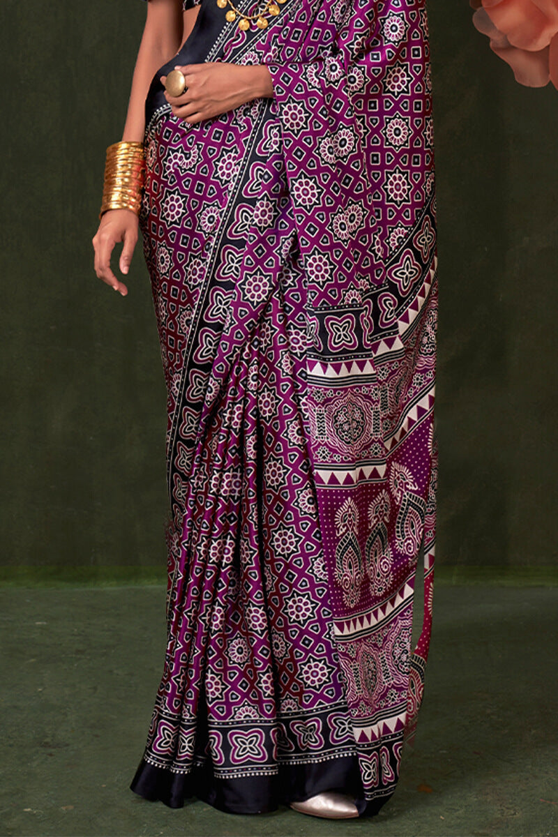 Flamboyant Purple Ajrakh Printed Satin Silk Saree With Sumptuous Blouse Piece