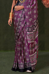 Flamboyant Purple Ajrakh Printed Satin Silk Saree With Sumptuous Blouse Piece