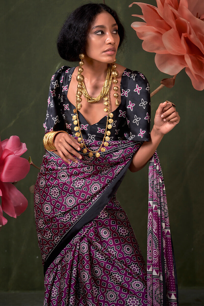 Flamboyant Purple Ajrakh Printed Satin Silk Saree With Sumptuous Blouse Piece