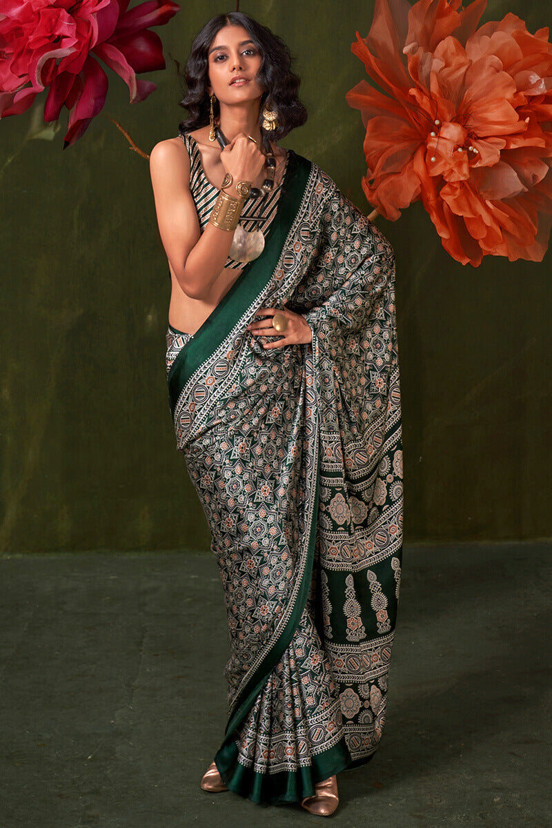 Epiphany Dark Green Ajrakh Printed Satin Silk Saree With Glittering Blouse Piece