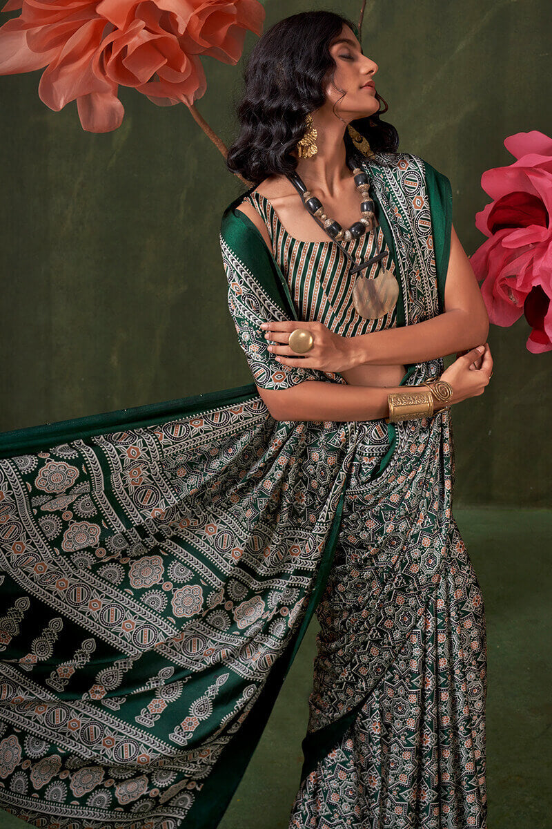 Epiphany Dark Green Ajrakh Printed Satin Silk Saree With Glittering Blouse Piece