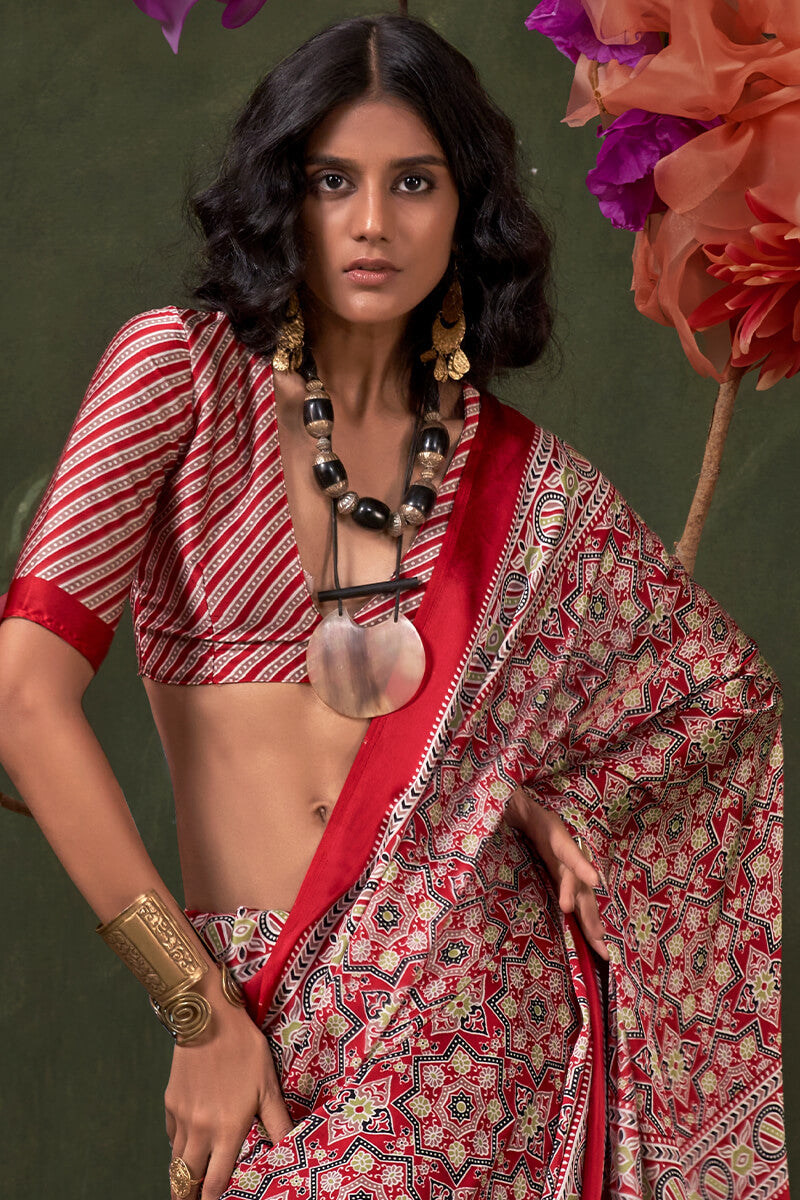 Bucolic Red Ajrakh Printed Satin Silk Saree With Propinquity Blouse Piece