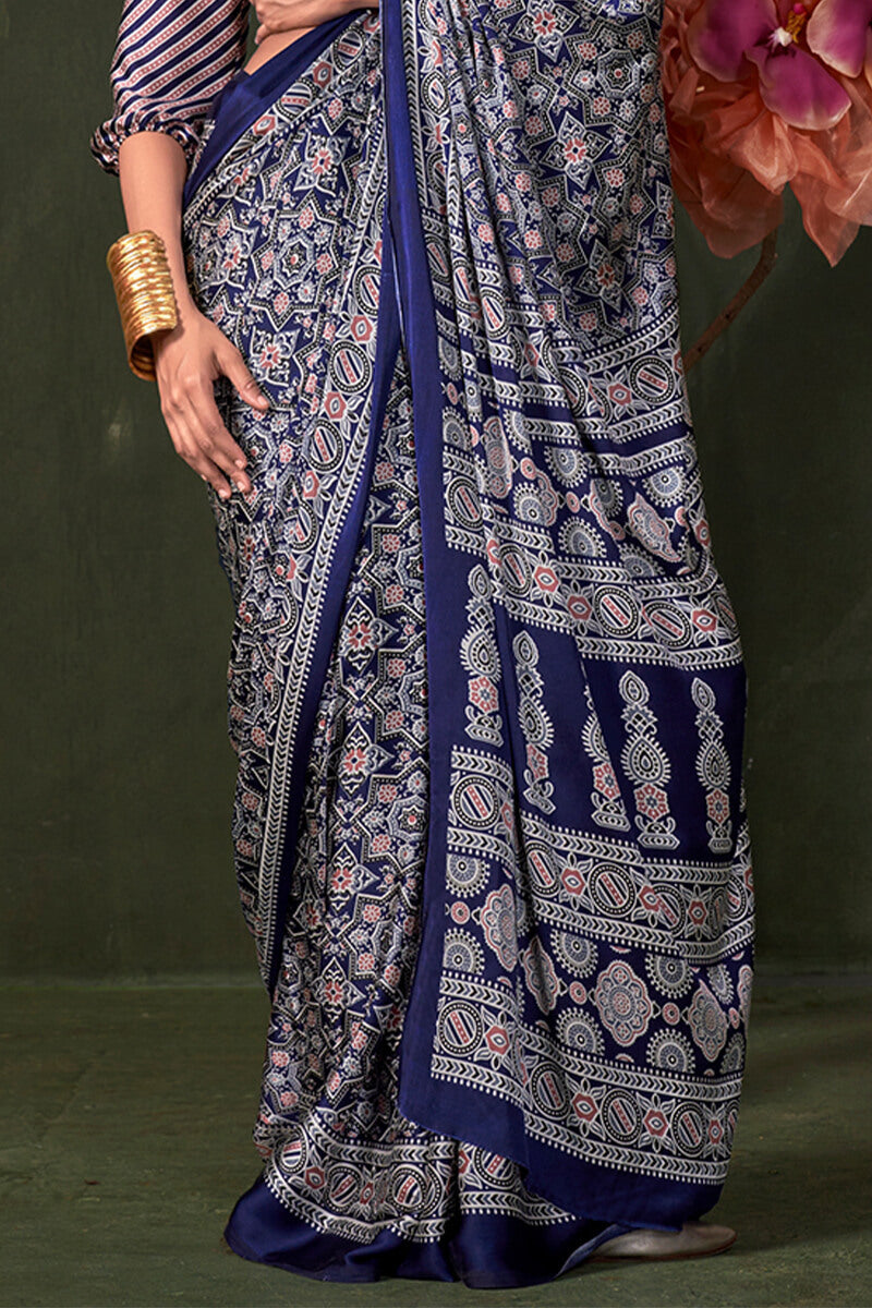 Appealing Navy Blue Ajrakh Printed Satin Silk Saree With Susurrous  Blouse Piece