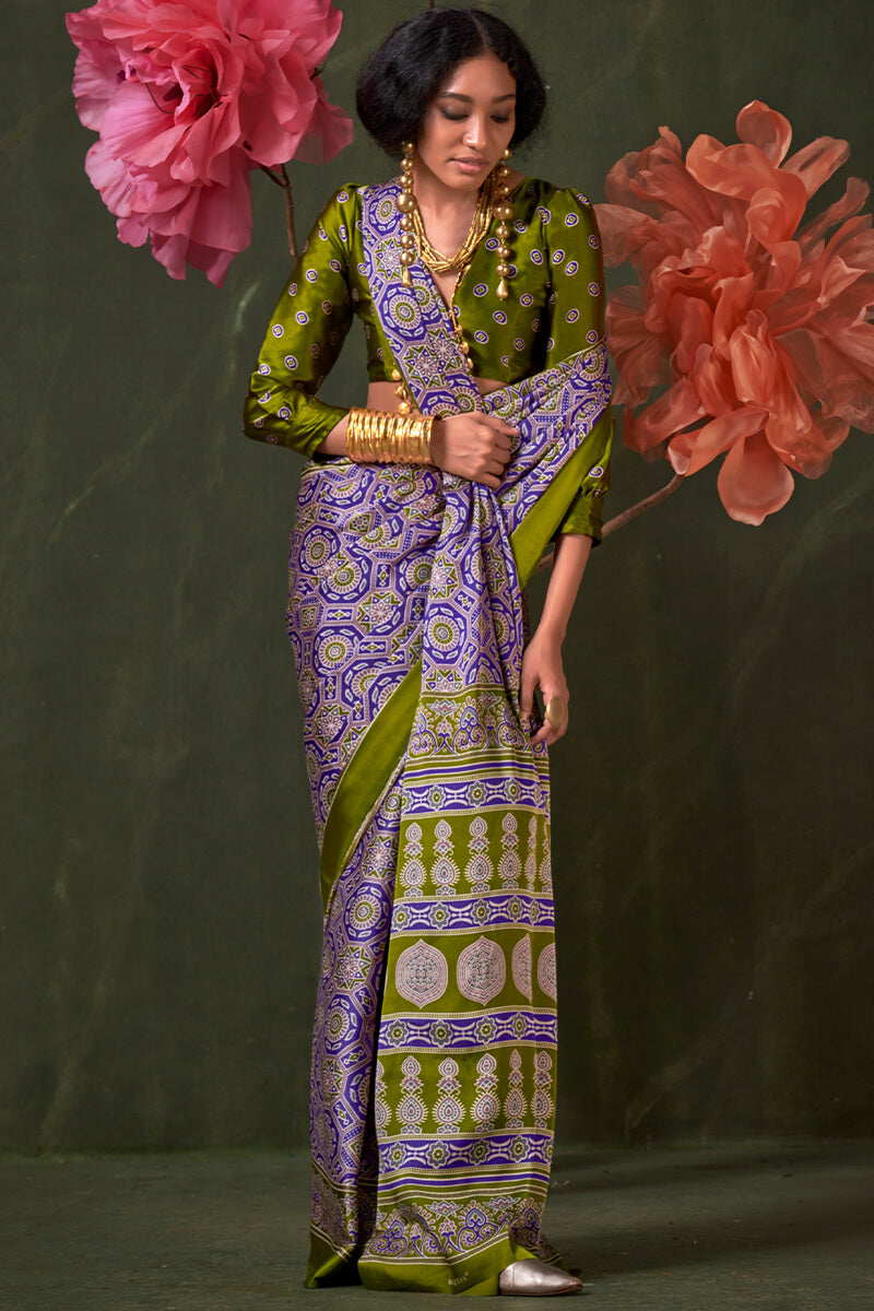 Charismatic Lavender Ajrakh Printed Satin Silk Saree With Magnificat Blouse Piece