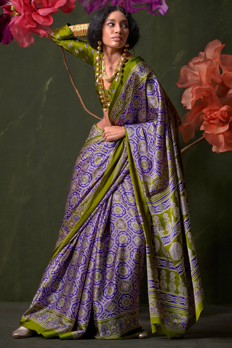 Charismatic Lavender Ajrakh Printed Satin Silk Saree With Magnificat Blouse Piece