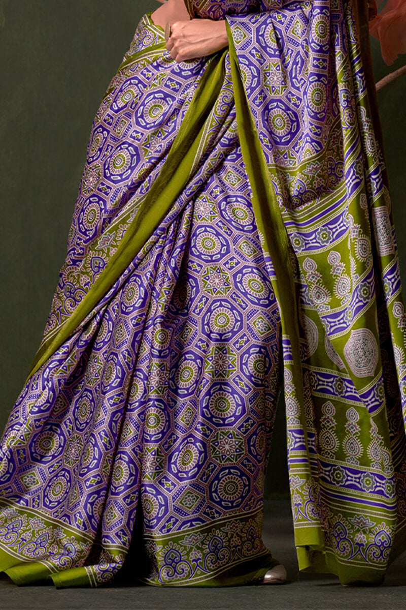 Charismatic Lavender Ajrakh Printed Satin Silk Saree With Magnificat Blouse Piece