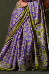 Charismatic Lavender Ajrakh Printed Satin Silk Saree With Magnificat Blouse Piece