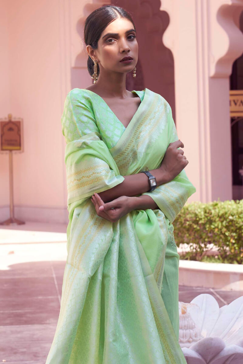 Angelic Pista Cotton Silk Saree With Brood Blouse Piece