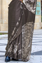 Stylish Dark Brown Digital Printed Satin Silk Saree With Staring Blouse Piece