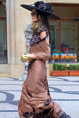 Demesne Brown Digital Printed Satin Silk Saree With Serendipity Blouse Piece