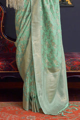 Scrumptious Sea Green Soft Banarasi Silk Saree With Tremendous Blouse Piece