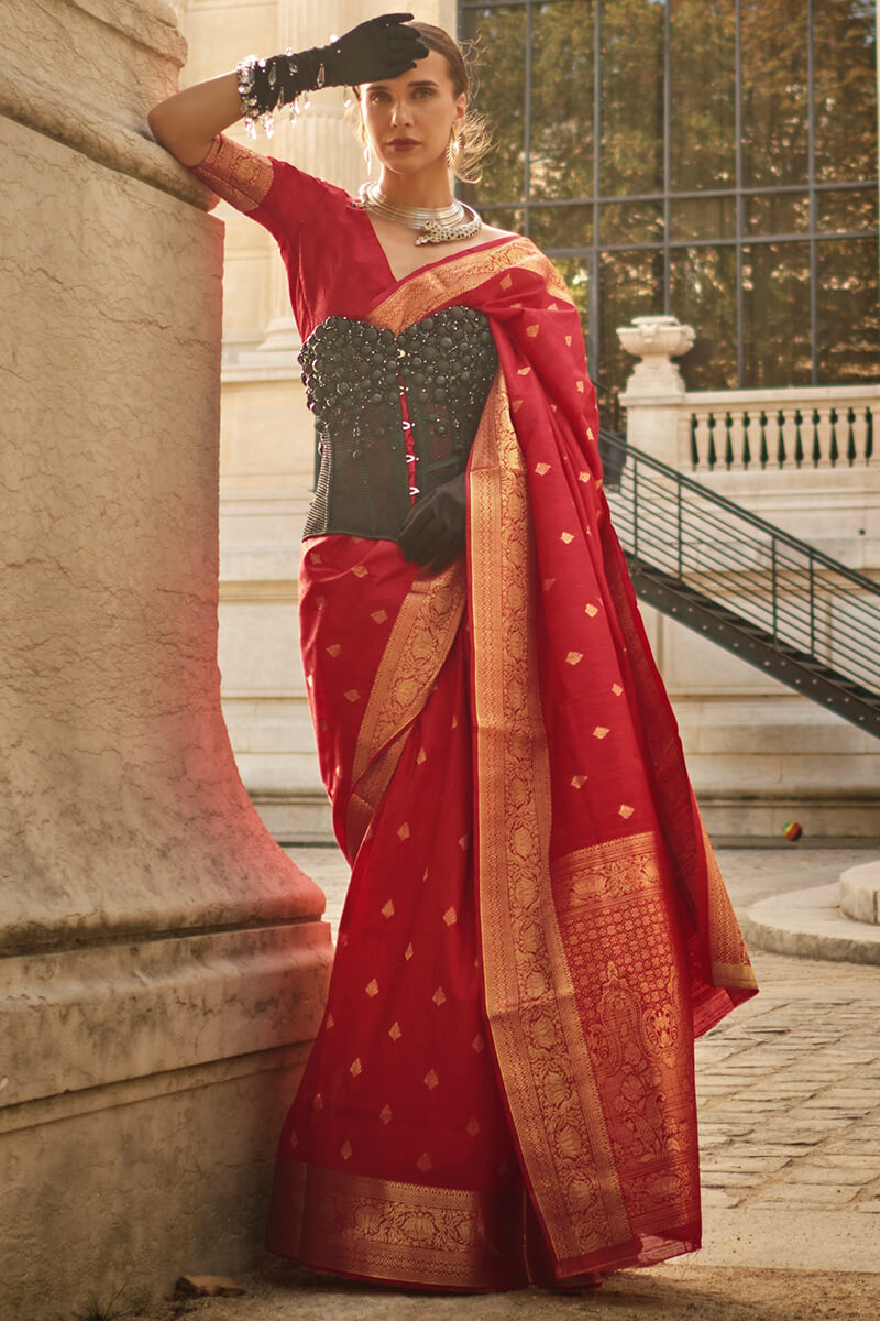Serendipity Red Soft Banarasi Silk Saree With Ineffable Blouse Piece