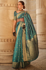 Demanding Rama Soft Banarasi Silk Saree With Ethereal Blouse Piece