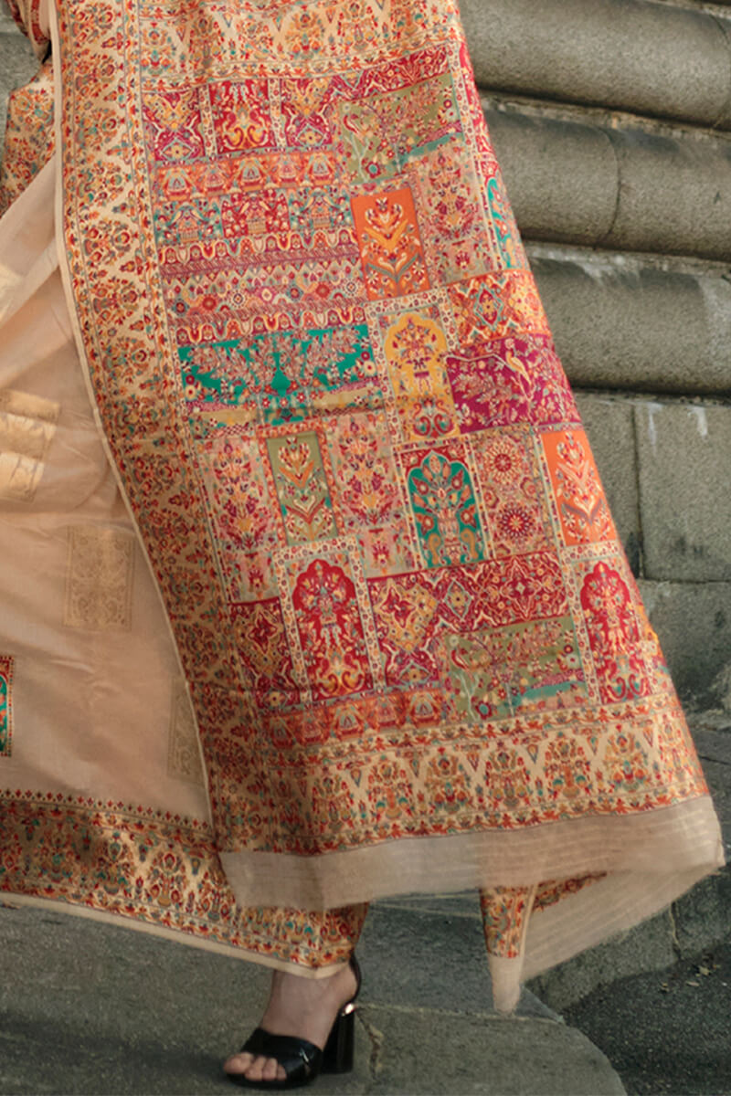Pleasurable Beige Pashmina saree With Resonant Blouse Piece