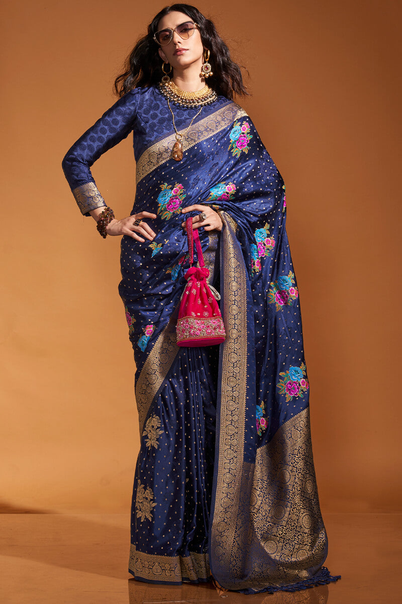 Outstanding Navy Blue Banarasi Satin Silk Saree With Engrossing Blouse