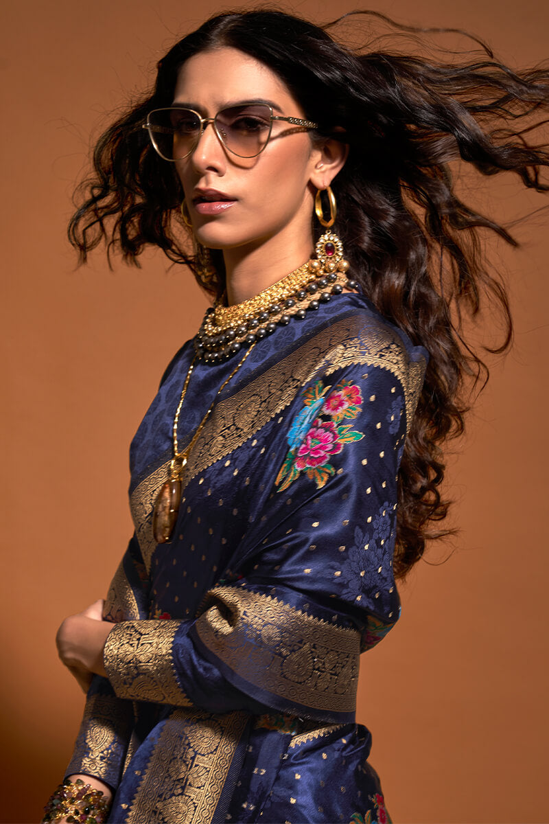 Outstanding Navy Blue Banarasi Satin Silk Saree With Engrossing Blouse
