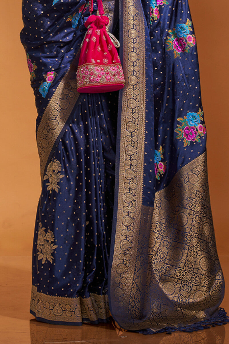 Outstanding Navy Blue Banarasi Satin Silk Saree With Engrossing Blouse