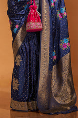 Outstanding Navy Blue Banarasi Satin Silk Saree With Engrossing Blouse