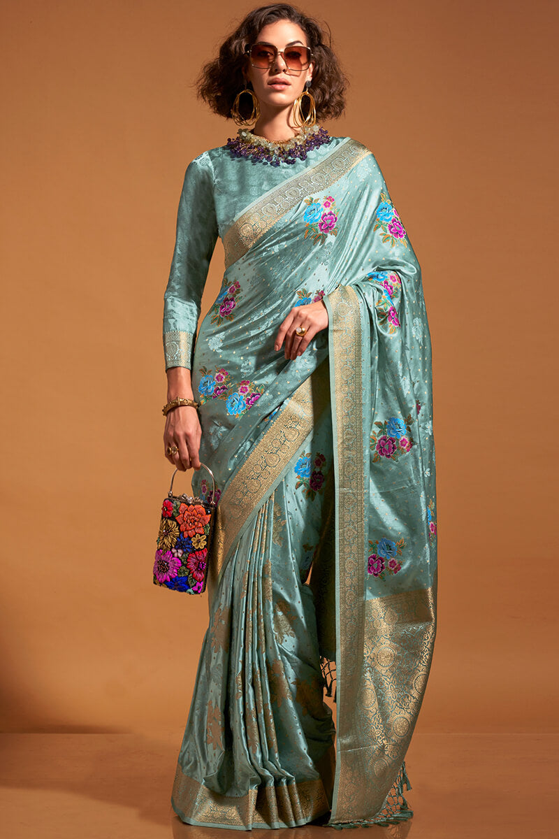 Prominent Sky Banarasi Satin Silk Saree With Glorious Blouse