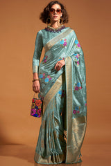 Prominent Sky Banarasi Satin Silk Saree With Glorious Blouse